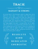 Tracie personalized name art with origin story in blue