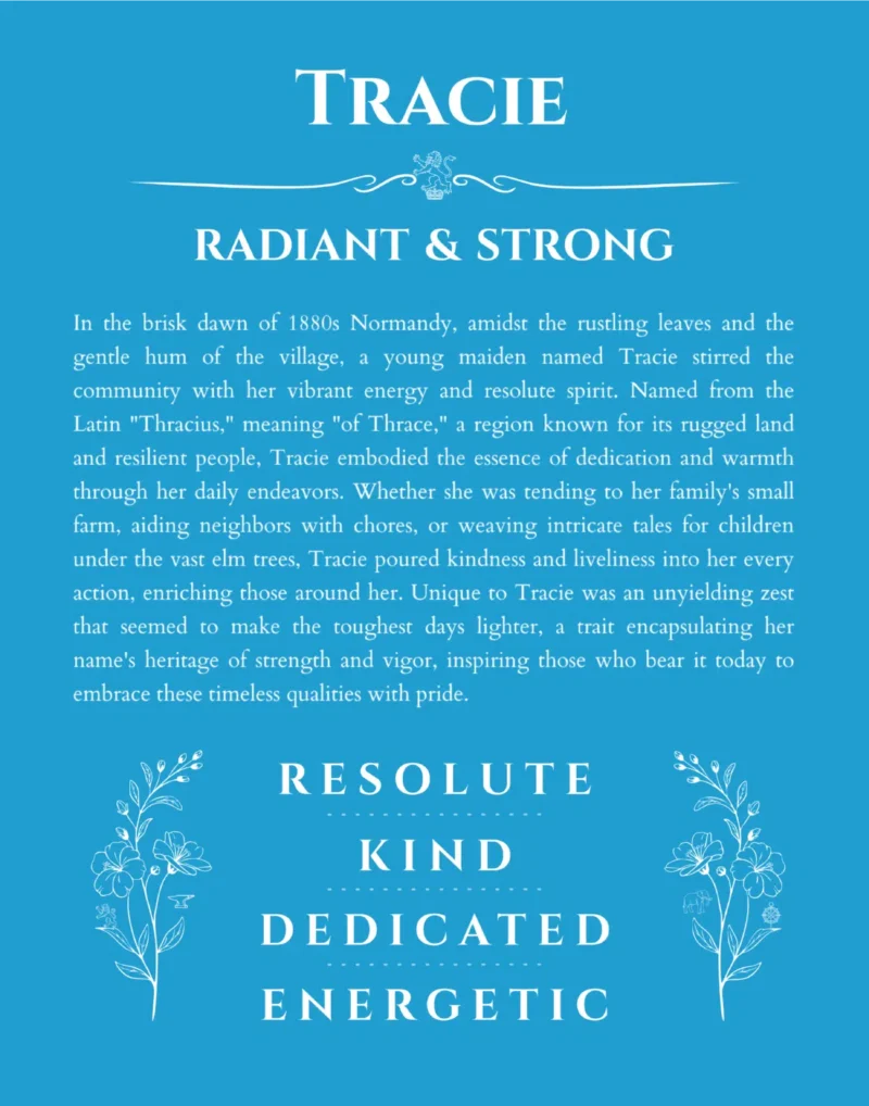 Tracie personalized name art with origin story in blue