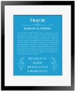 Tracie personalized name art with origin story in blue with black matte frame