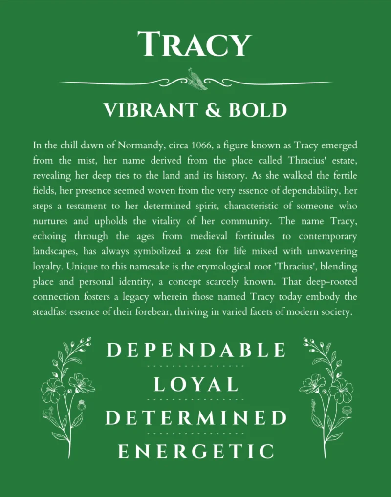 Tracy custom name art showing meaning and origin in dark green