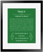 Tracy custom name art showing meaning and origin in dark green with black matte frame