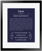 Trae name meaning wall art by Get Your Story in navy blue with black matte frame