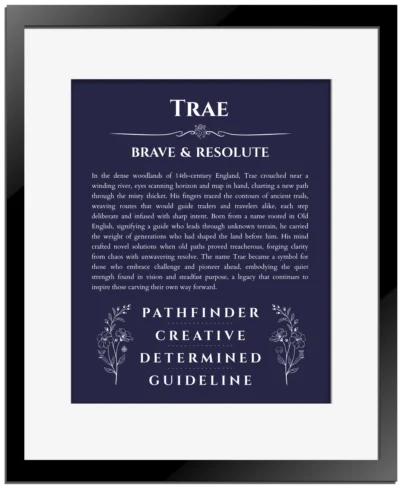 Trae name meaning wall art by Get Your Story in navy blue with black matte frame