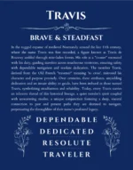 Travis personalized name art with origin story in deep blue