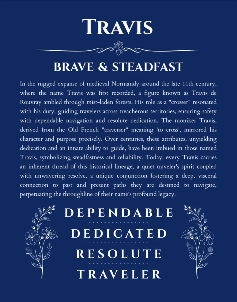 Travis personalized name art with origin story in deep blue