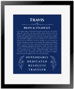 Travis personalized name art with origin story in deep blue with black matte frame
