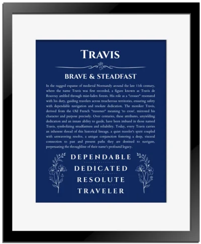 Travis personalized name art with origin story in deep blue with black matte frame