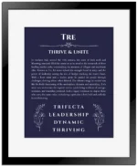 Tre personalized name art with origin story in navy blue with black matte frame