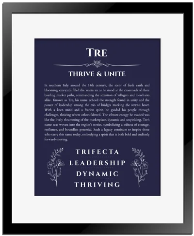 Tre personalized name art with origin story in navy blue with black matte frame