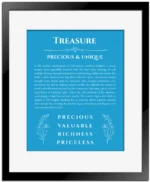 Treasure personalized name art with origin story in blue with black matte frame