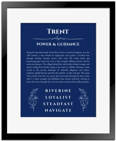 Trent personalized name meaning print in deep blue with black matte frame