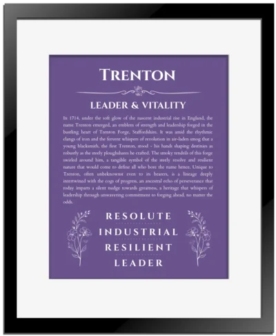 Trenton name meaning wall art by Get Your Story in purple with black matte frame