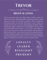 Trevor personalized name print with origin and traits in purple