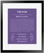 Trevor personalized name print with origin and traits in purple with black matte frame