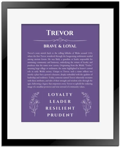 Trevor personalized name print with origin and traits in purple with black matte frame