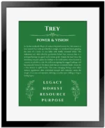 Trey custom name meaning print in dark green with black matte frame