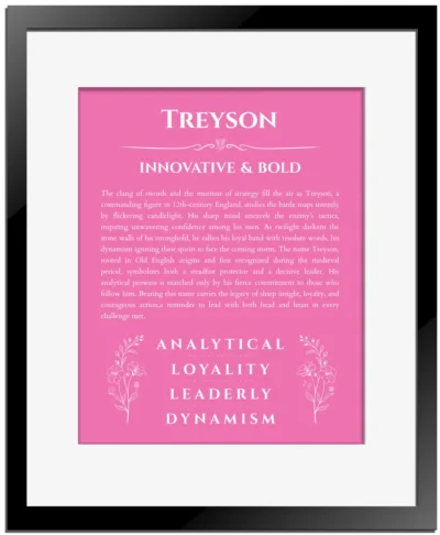 Treyson custom name meaning print in pink with black matte frame