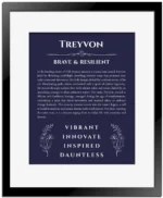 Treyvon personalized name meaning print in navy blue with black matte frame