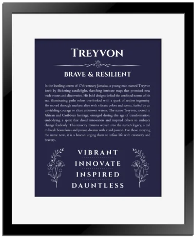 Treyvon personalized name meaning print in navy blue with black matte frame