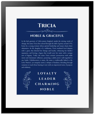 Tricia name meaning gift print in deep blue with black matte frame