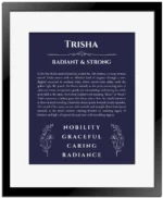 Trisha personalized wall art with the story of your name in navy blue with black matte frame