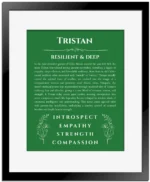 Tristan name origin print with meaning and traits in dark green with black matte frame