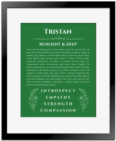 Tristan name origin print with meaning and traits in dark green with black matte frame