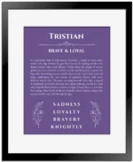 Tristian custom name art showing meaning and origin in purple with black matte frame