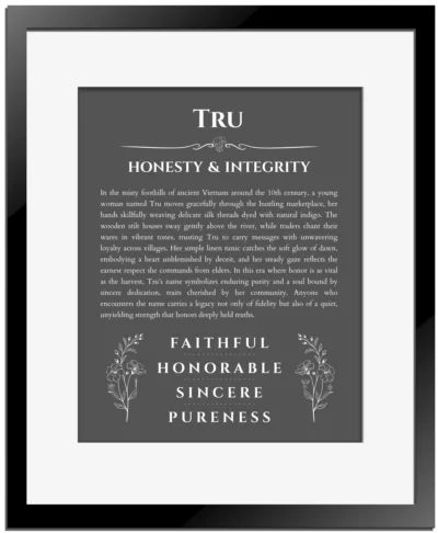 Tru custom name art showing meaning and origin in gray with black matte frame