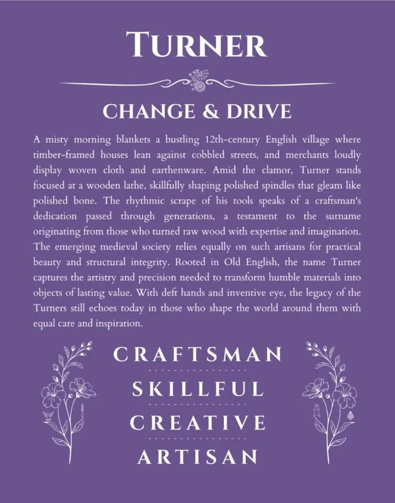 Turner personalized name art with origin story in purple
