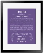 Turner personalized name art with origin story in purple with black matte frame