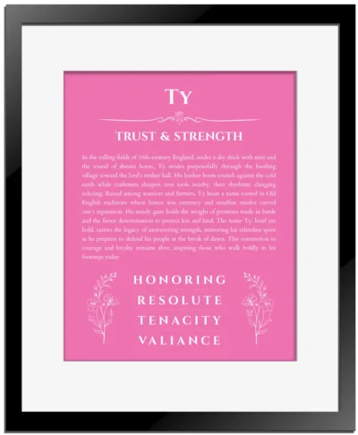 Ty custom name meaning print in pink with black matte frame