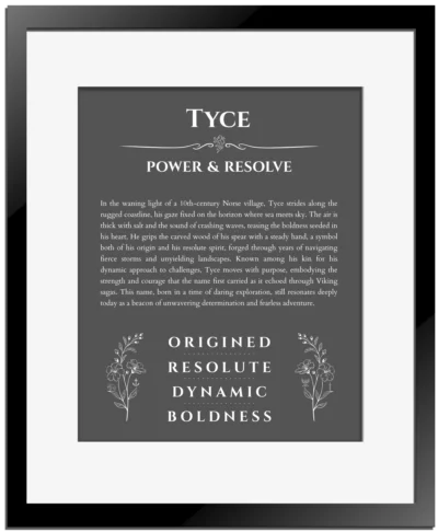 Tyce personalized name art with origin story in gray with black matte frame