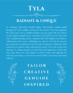 Tyla name origin print with meaning and traits in blue