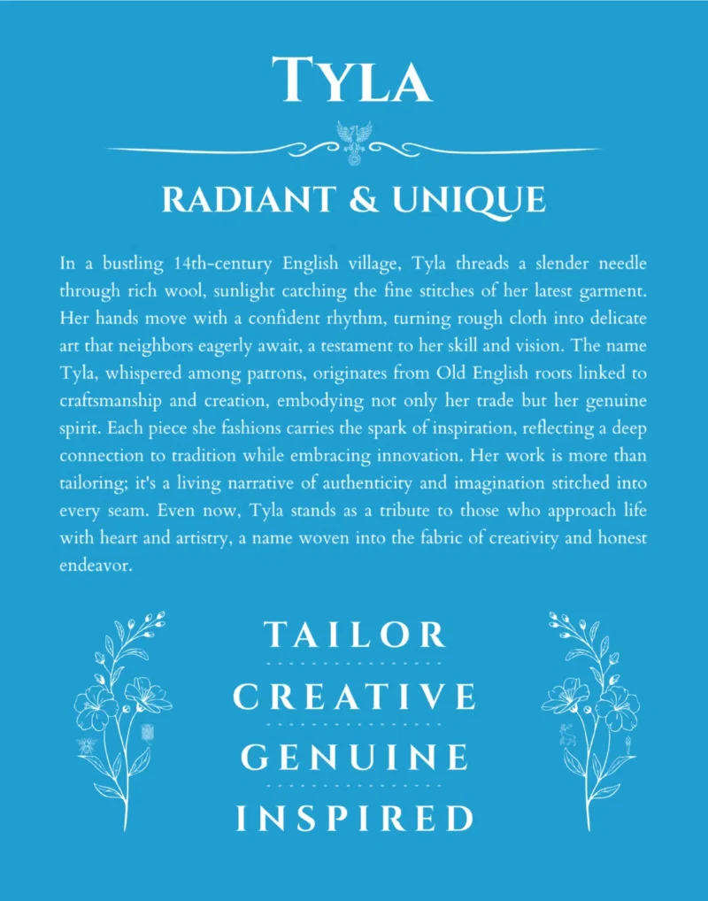 Tyla name origin print with meaning and traits in blue