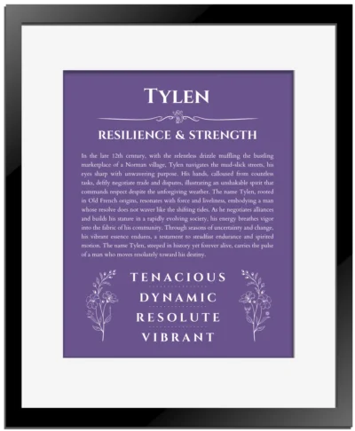 Tylen custom name meaning print in purple with black matte frame