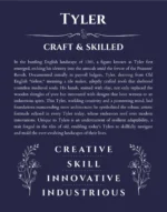 Tyler personalized name art with origin story in navy blue