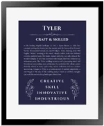 Tyler personalized name art with origin story in navy blue with black matte frame