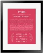 Tymir personalized wall art with the story of your name in red with black matte frame