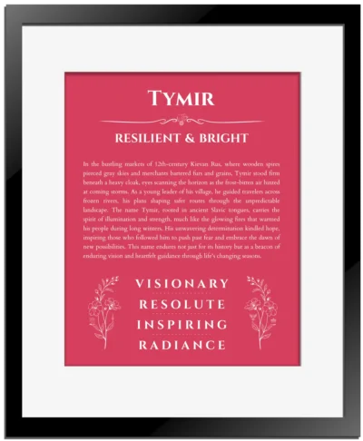 Tymir personalized wall art with the story of your name in red with black matte frame