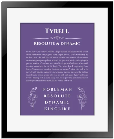 Tyrell name meaning wall art by Get Your Story in purple with black matte frame