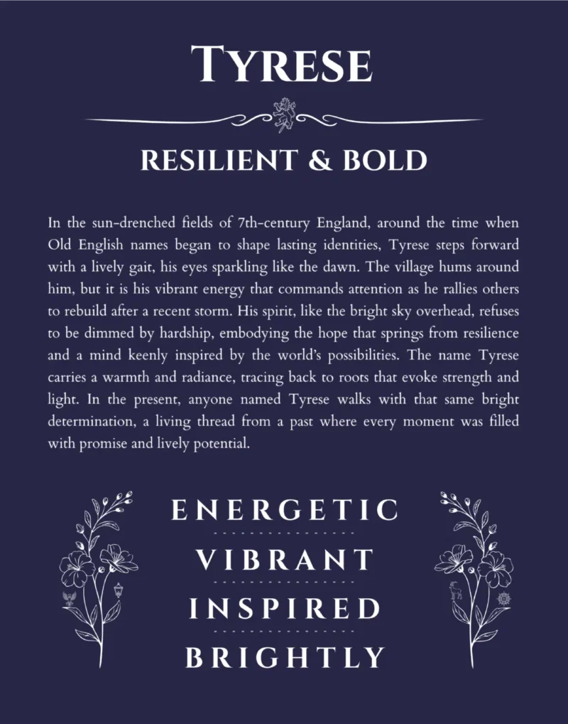 Tyrese personalized name art with origin story in navy blue