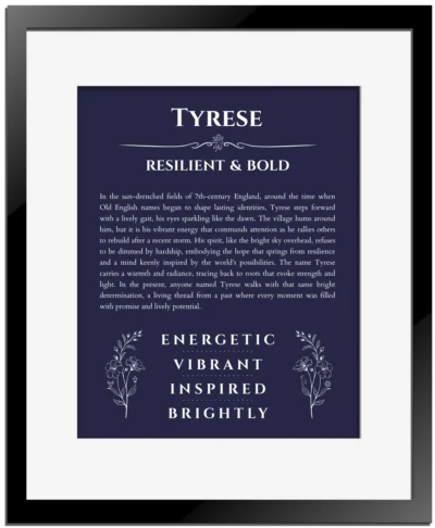 Tyrese personalized name art with origin story in navy blue with black matte frame