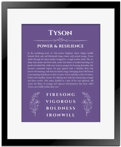 Tyson personalized name print with origin and traits in purple with black matte frame