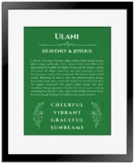 Ulani name meaning wall art by Get Your Story in dark green with black matte frame