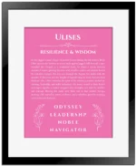 Ulises custom name art showing meaning and origin in pink with black matte frame