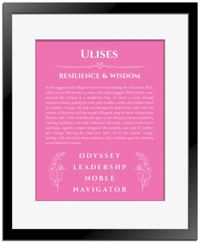 Ulises custom name art showing meaning and origin in pink with black matte frame