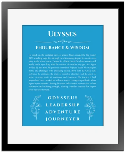Ulysses name meaning wall art by Get Your Story in blue with black matte frame