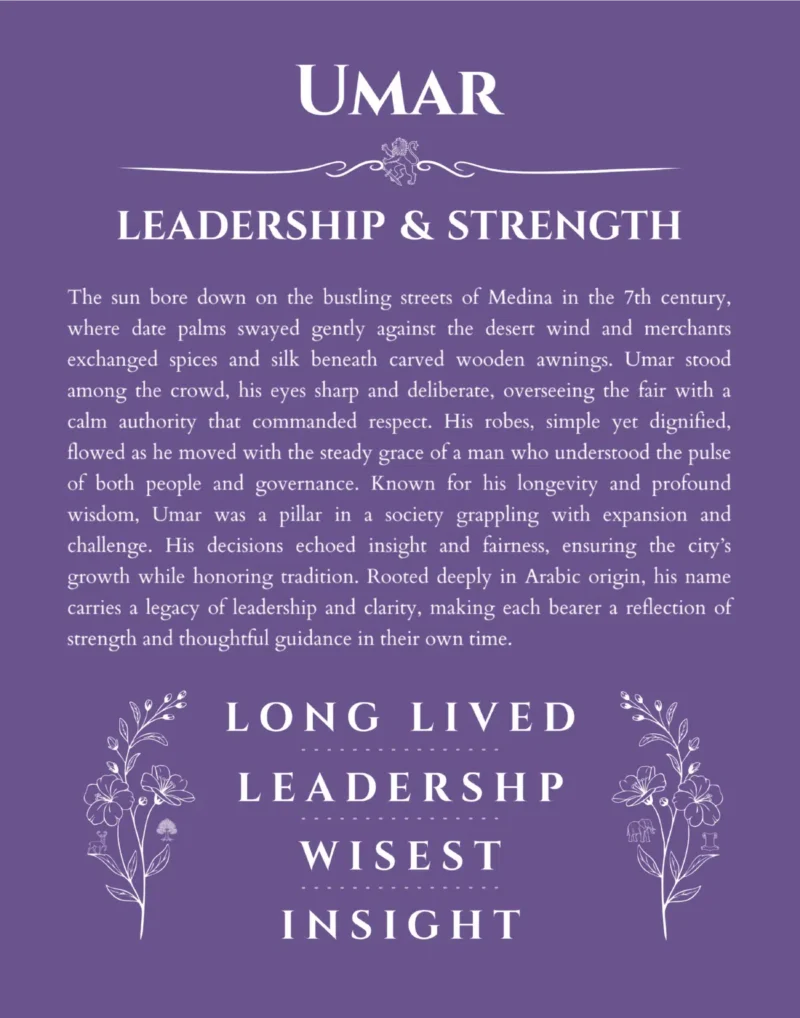 Umar personalized name print with origin and traits in purple