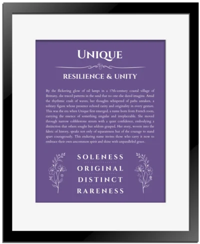 Unique personalized name meaning print in purple with black matte frame